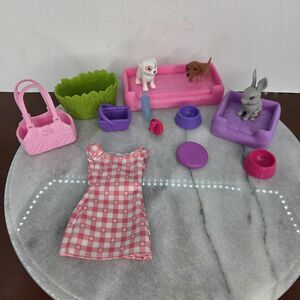 Barbie Pet Accessories Lot Dogs Bunny Beds Bowls Dress Bags Mattel Playset Toy